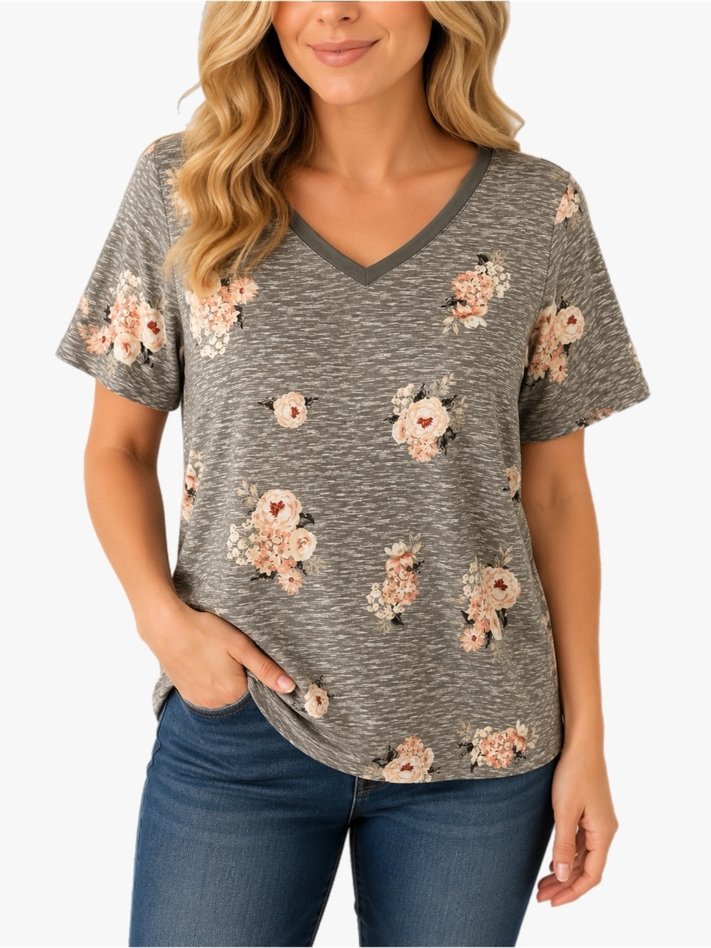 LuLaRoe Iris Gray Floral V-Neck High Low Tunic Top Women’s Size Medium